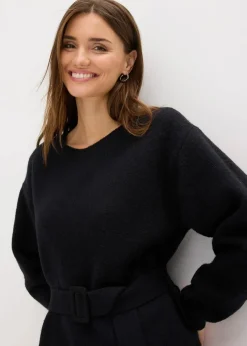 Damen bonprix Kleider|Strickmode|Kurzes Strickkleid mit softem Wollanteil und Gürtel
