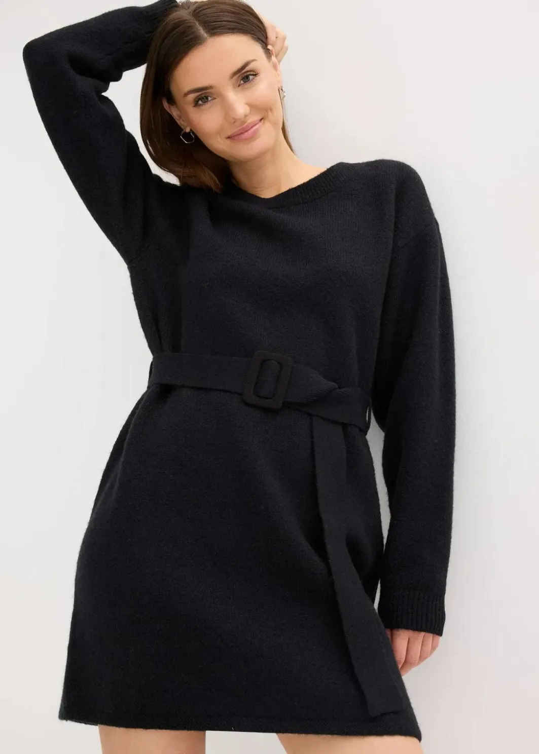 Damen bonprix Kleider|Strickmode|Kurzes Strickkleid mit softem Wollanteil und Gürtel