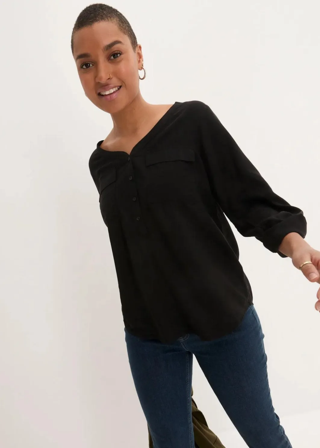 Clearance Langarm Bluse mit V-Ausschnitt aus fließender Viskose Damen Bekleidung·Jacken & Mäntel|Blusen & Tuniken