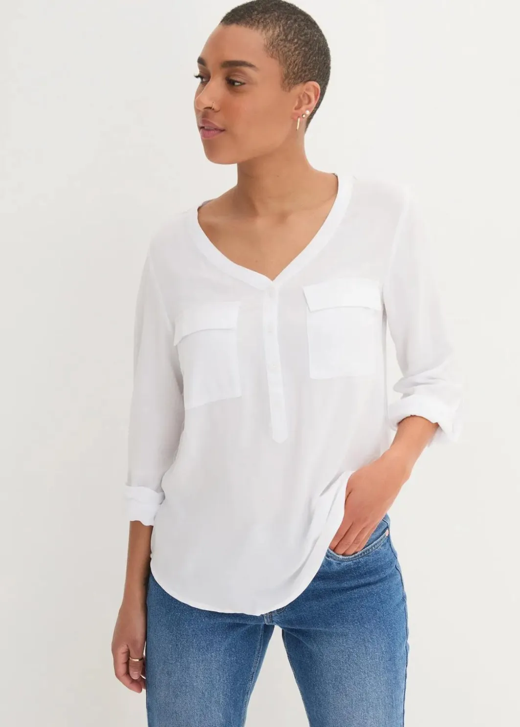 Damen bonprix Nachhaltigere Materialien|Blusen & Tuniken|Langarm Bluse mit V-Ausschnitt aus fließender Viskose
