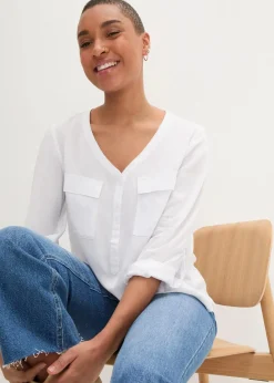 Damen bonprix Nachhaltigere Materialien|Blusen & Tuniken|Langarm Bluse mit V-Ausschnitt aus fließender Viskose