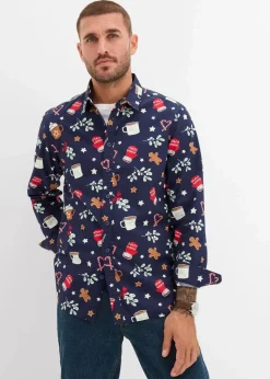 Herren bonprix Große Größen|Hemden|Langarmhemd mit Weihnachtsmotiv aus reiner Baumwolle