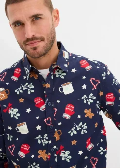 Herren bonprix Große Größen|Hemden|Langarmhemd mit Weihnachtsmotiv aus reiner Baumwolle