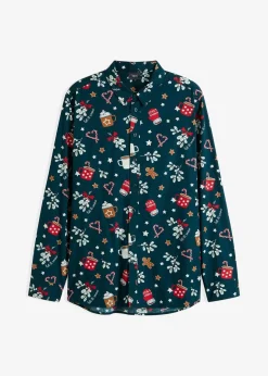 Herren bonprix Hemden|Große Größen|Langarmhemd mit Weihnachtsmotiv aus reiner Baumwolle