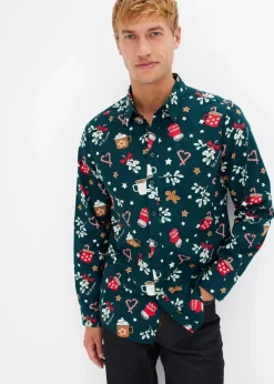 Herren bonprix Hemden|Große Größen|Langarmhemd mit Weihnachtsmotiv aus reiner Baumwolle