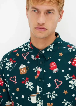 Herren bonprix Hemden|Große Größen|Langarmhemd mit Weihnachtsmotiv aus reiner Baumwolle