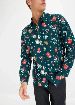 Herren bonprix Hemden|Große Größen|Langarmhemd mit Weihnachtsmotiv aus reiner Baumwolle