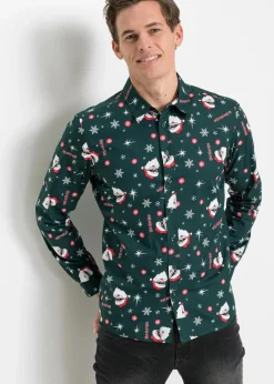Sale Langarmhemd mit Weihnachts-Druck aus reiner Baumwolle, Slim Fit Herren Große Größen|Hemden