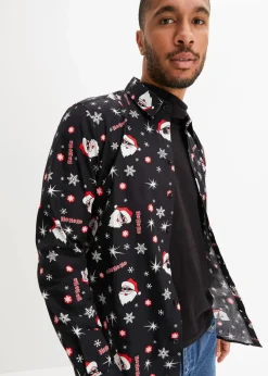 Outlet Langarmhemd mit Weihnachts-Druck aus reiner Baumwolle, Slim Fit Herren Hemden|Große Größen