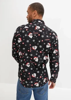 Outlet Langarmhemd mit Weihnachts-Druck aus reiner Baumwolle, Slim Fit Herren Hemden|Große Größen