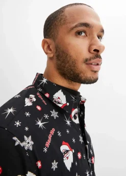 Outlet Langarmhemd mit Weihnachts-Druck aus reiner Baumwolle, Slim Fit Herren Hemden|Große Größen