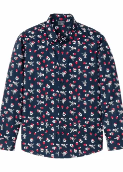 Sale Langarmhemd mit Weihnachts-Druck aus reiner Baumwolle, Slim Fit Herren Große Größen|Hemden