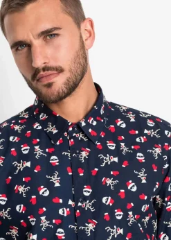 Sale Langarmhemd mit Weihnachts-Druck aus reiner Baumwolle, Slim Fit Herren Große Größen|Hemden