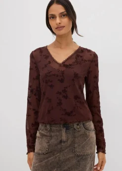 Clearance Langarmshirt mit Flockprint Damen Shirts & Tops