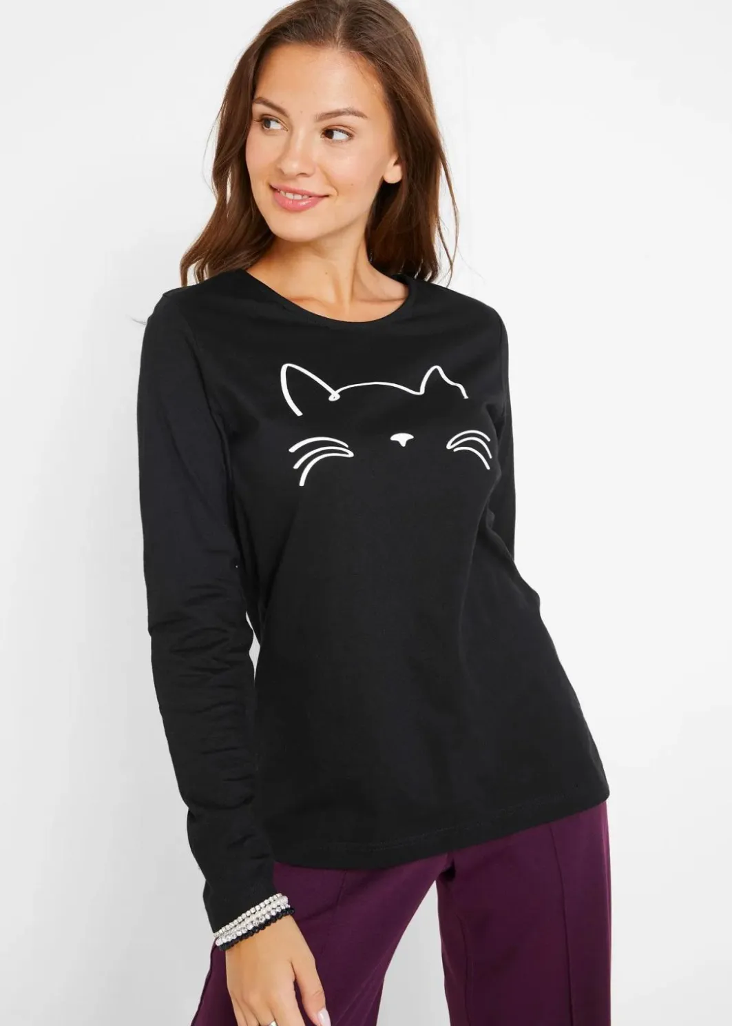 Hot Langarmshirt mit Katzendruck Damen Nachhaltigere Materialien|Shirts & Tops