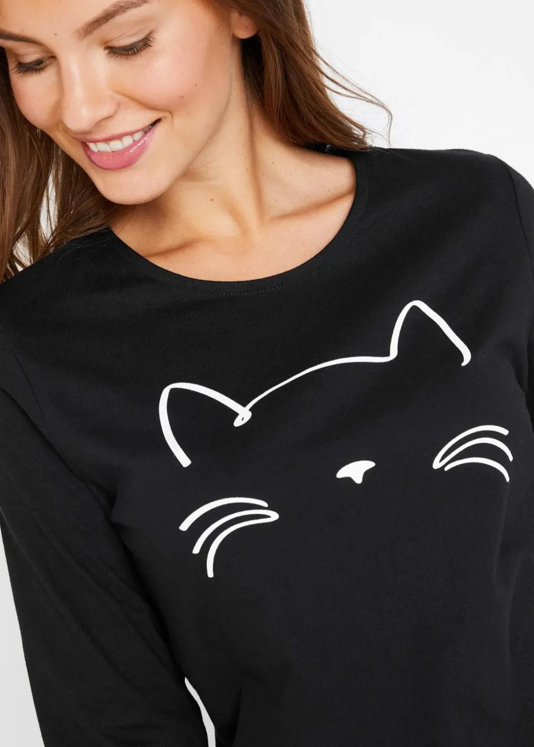 Hot Langarmshirt mit Katzendruck Damen Nachhaltigere Materialien|Shirts & Tops
