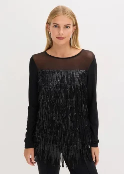 Damen bonprix Shirts & Tops|Langarmshirt mit Pailletten-Fransen