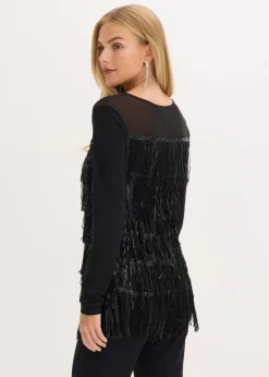 Damen bonprix Shirts & Tops|Langarmshirt mit Pailletten-Fransen