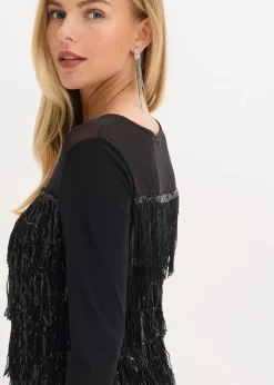 Damen bonprix Shirts & Tops|Langarmshirt mit Pailletten-Fransen