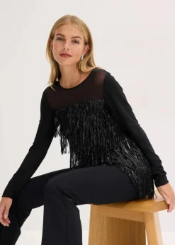 Damen bonprix Shirts & Tops|Langarmshirt mit Pailletten-Fransen
