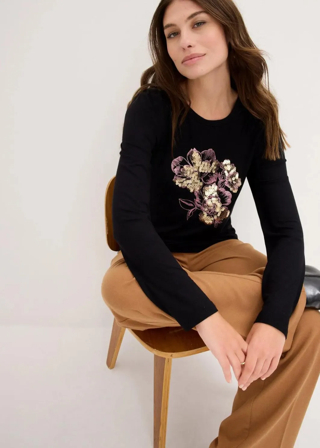 Damen bonprix Shirts & Tops|Langarmshirt mit Pailletten