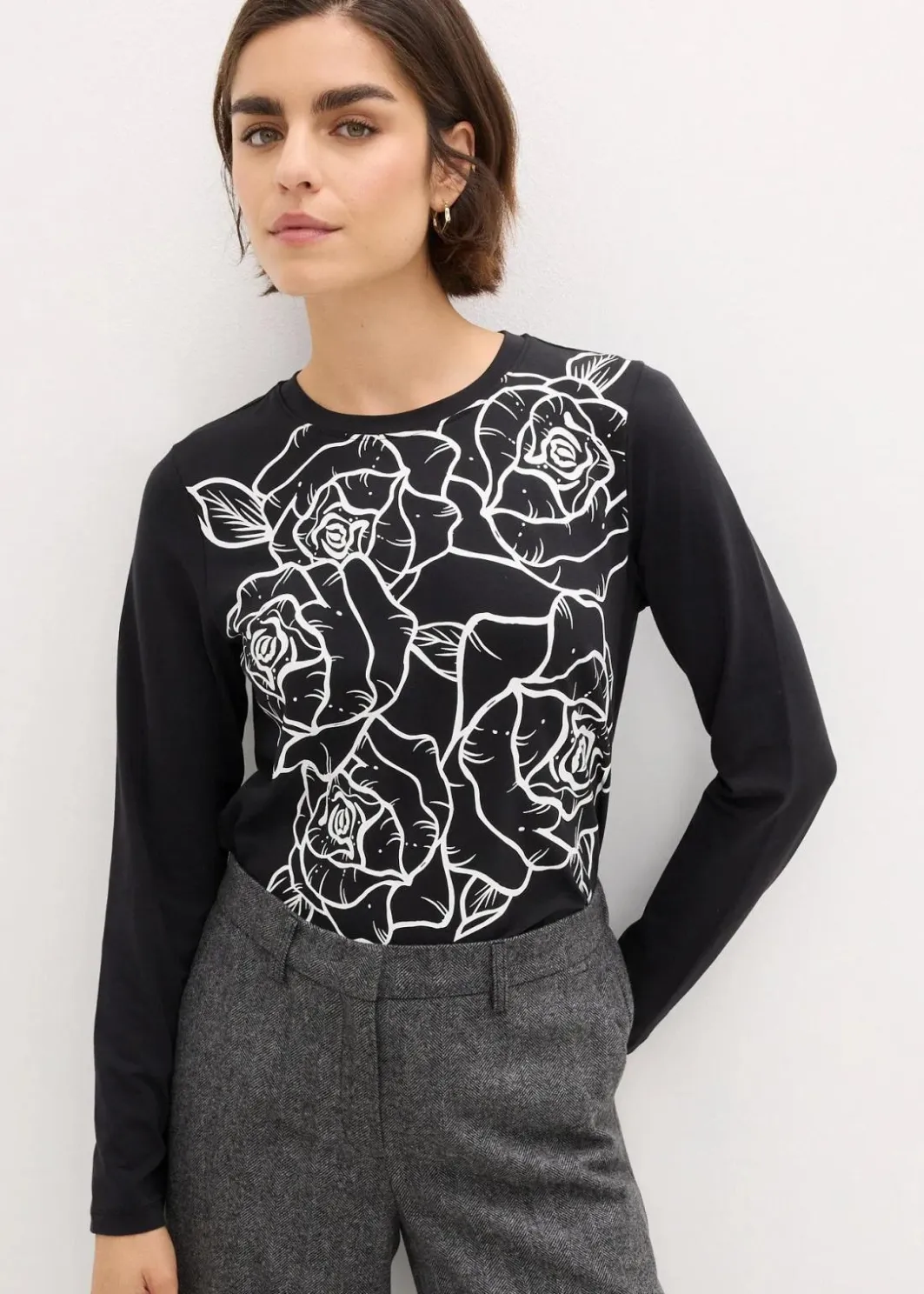 Damen bonprix Shirts & Tops|Langarmshirt mit Rosendruck