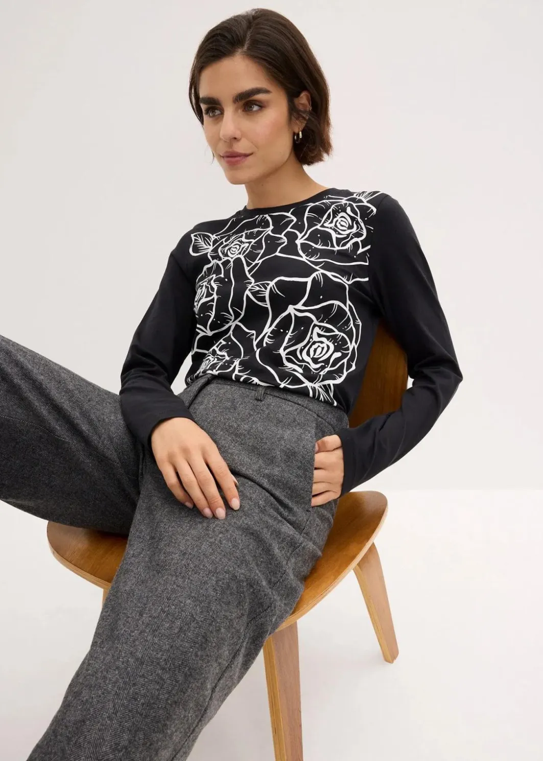 Damen bonprix Shirts & Tops|Langarmshirt mit Rosendruck