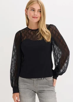 Damen bonprix Shirts & Tops|Langarmshirt mit Spitze
