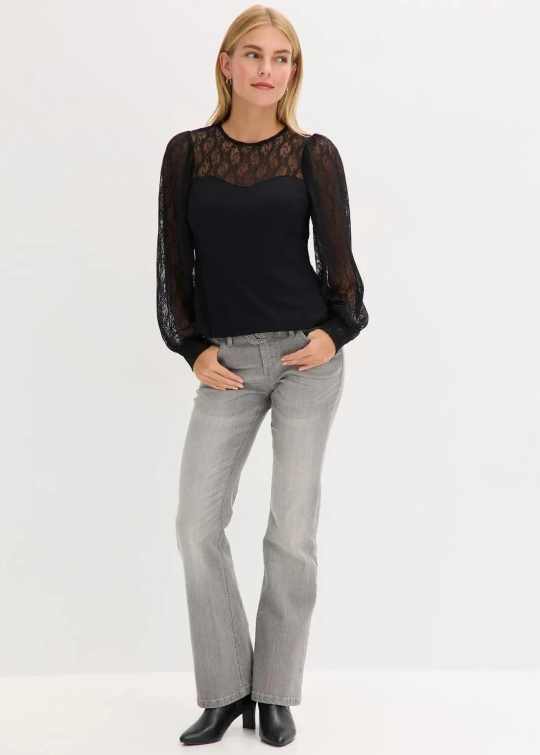 Damen bonprix Shirts & Tops|Langarmshirt mit Spitze