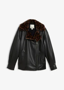 Damen bonprix Bekleidung·Hosen|Jacken & Mäntel|Lederimitat-Jacke mit Leoparden Kunstfell