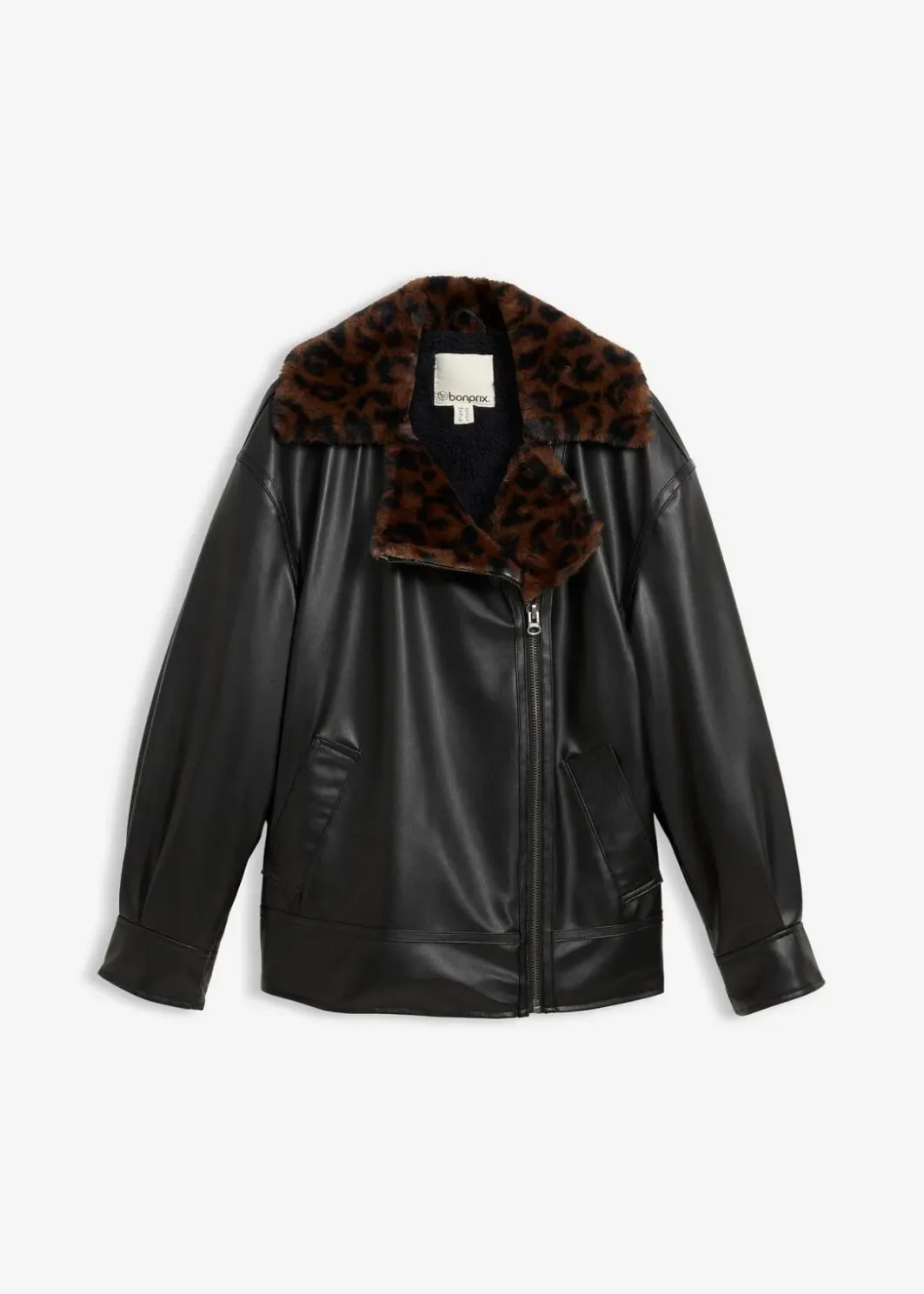 Damen bonprix Bekleidung·Hosen|Jacken & Mäntel|Lederimitat-Jacke mit Leoparden Kunstfell