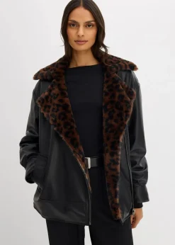 Damen bonprix Bekleidung·Hosen|Jacken & Mäntel|Lederimitat-Jacke mit Leoparden Kunstfell