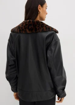 Damen bonprix Bekleidung·Hosen|Jacken & Mäntel|Lederimitat-Jacke mit Leoparden Kunstfell