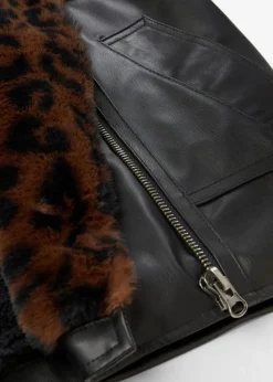 Damen bonprix Bekleidung·Hosen|Jacken & Mäntel|Lederimitat-Jacke mit Leoparden Kunstfell