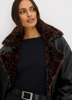 Damen bonprix Bekleidung·Hosen|Jacken & Mäntel|Lederimitat-Jacke mit Leoparden Kunstfell