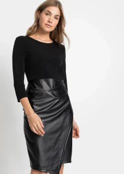 Damen bonprix Kleider|Bekleidung·Pullover & Strickjacken|Lederimitat-Kleid mit Jersey-Oberteil