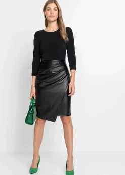 Damen bonprix Kleider|Bekleidung·Pullover & Strickjacken|Lederimitat-Kleid mit Jersey-Oberteil
