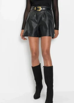 Outlet Lederimitat-Shorts mit Gürtel Damen Shorts|Hosen