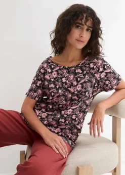 Damen bonprix Shirts & Tops|Nachhaltigere Materialien|Locker geschnittenes Shirt aus Flammgarn mit abgerundetem Saum aus Bio-Baumwolle