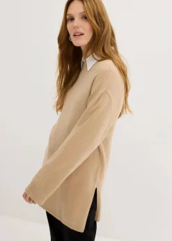 Damen bonprix Pullover & Strickjacken|Bekleidung·Jeans|Long-Feinstrickpullover mit Seitenschlitzen aus Viskose-Mix