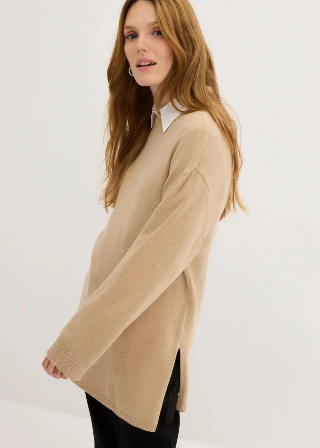 Damen bonprix Pullover & Strickjacken|Bekleidung·Jeans|Long-Feinstrickpullover mit Seitenschlitzen aus Viskose-Mix