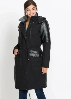 Damen bonprix Bekleidung·Hosen|Jacken & Mäntel|Long-Parka mit Lederimitateinsatz