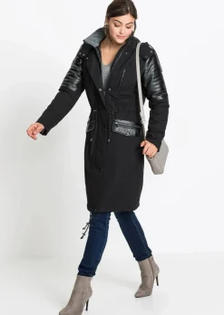 Damen bonprix Bekleidung·Hosen|Jacken & Mäntel|Long-Parka mit Lederimitateinsatz