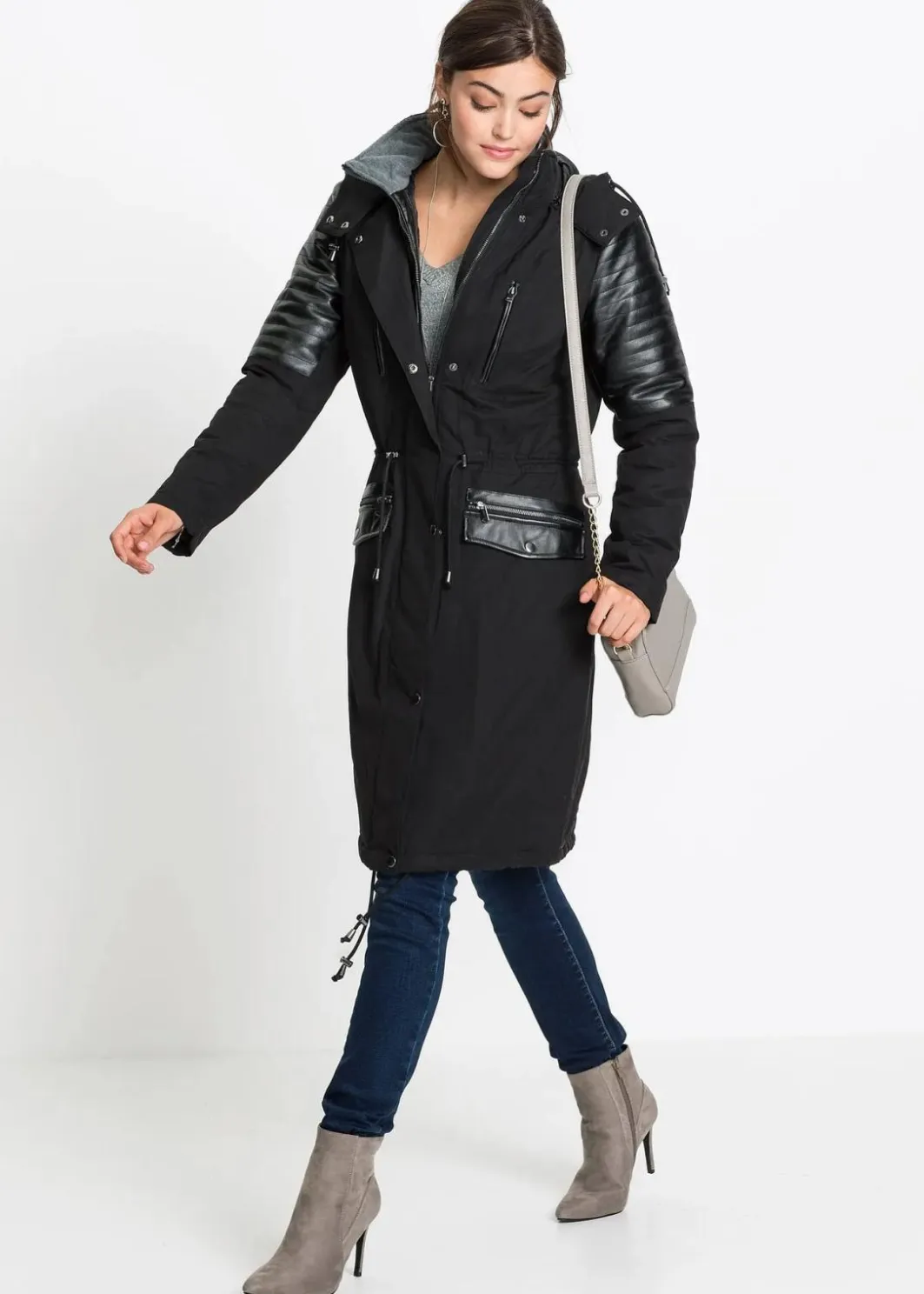 Damen bonprix Bekleidung·Hosen|Jacken & Mäntel|Long-Parka mit Lederimitateinsatz