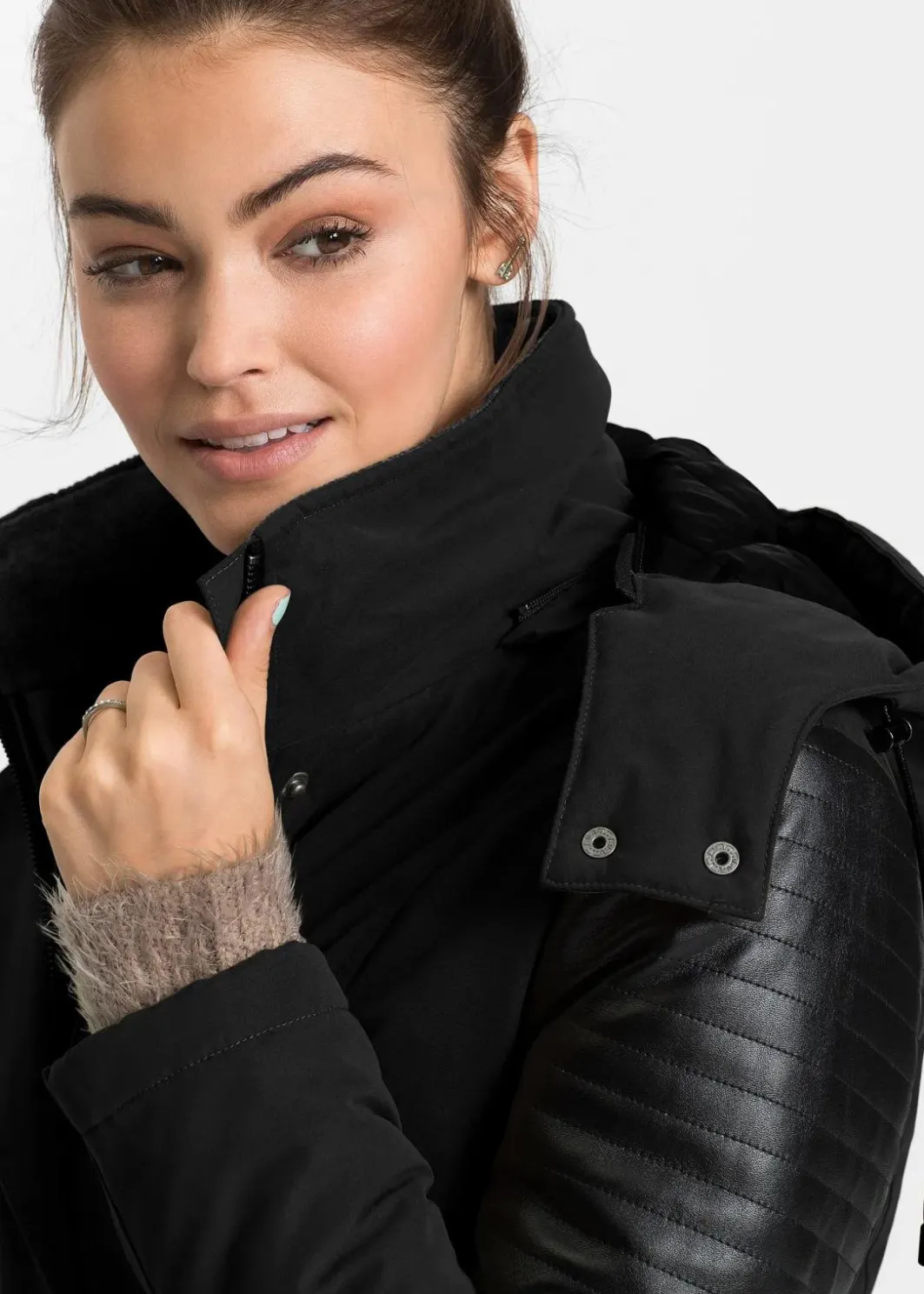 Damen bonprix Bekleidung·Hosen|Jacken & Mäntel|Long-Parka mit Lederimitateinsatz