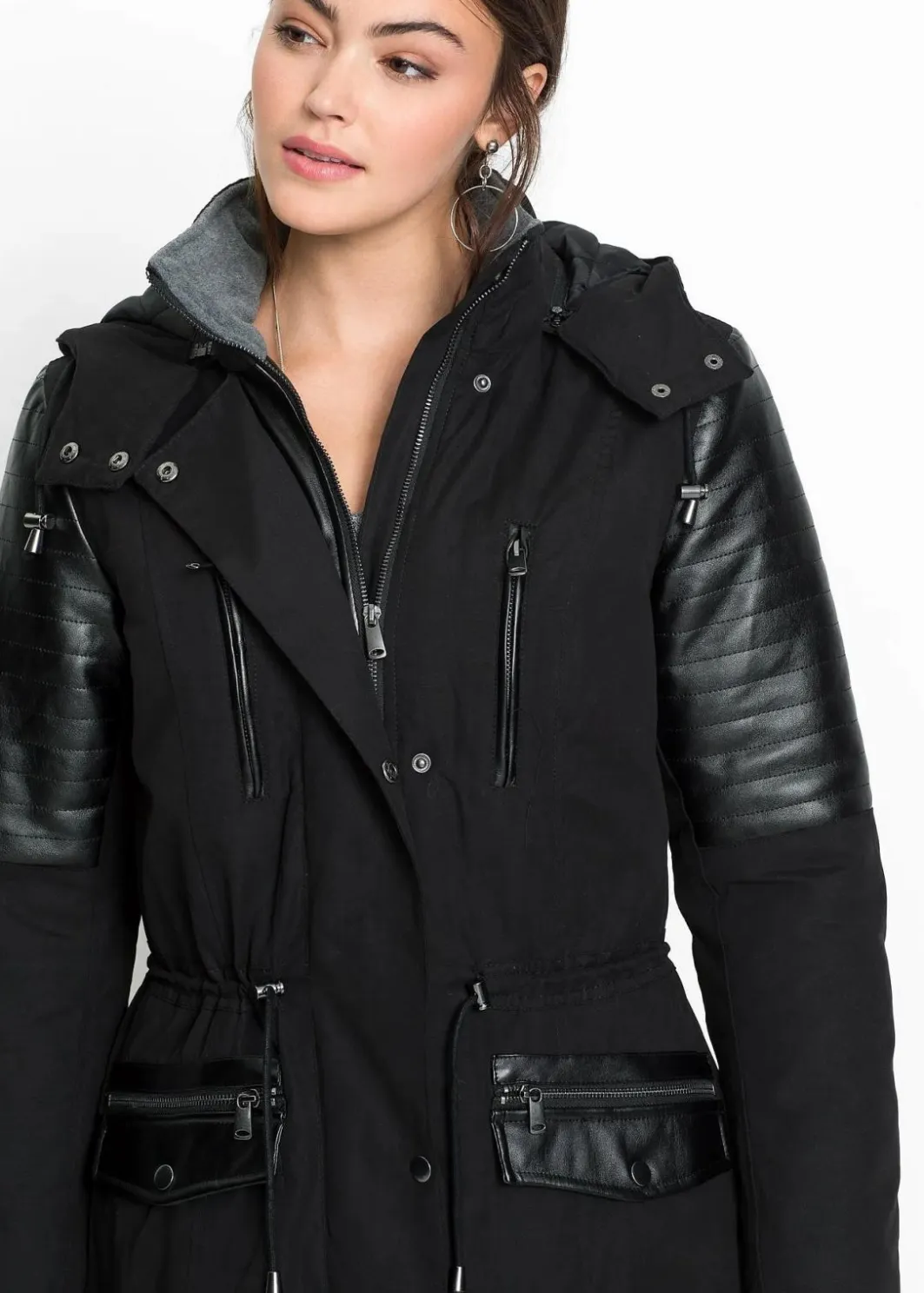 Damen bonprix Bekleidung·Hosen|Jacken & Mäntel|Long-Parka mit Lederimitateinsatz