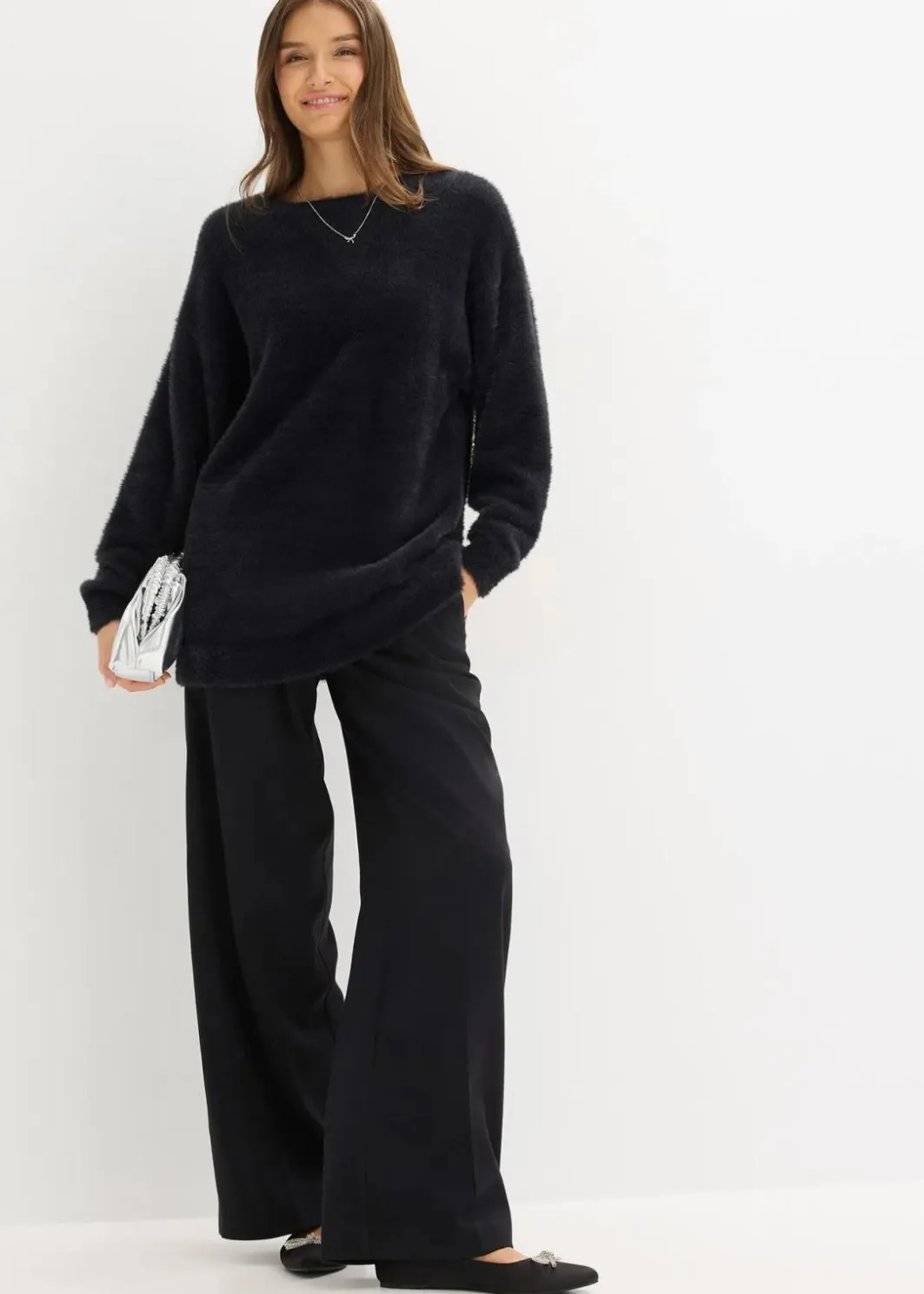 Clearance Longpullover aus weichem Federgarn Damen Pullover & Strickjacken|Strickmode