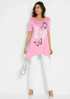Damen bonprix Shirts & Tops|Longshirt mit Zipfel und Schmetterlingsmuster