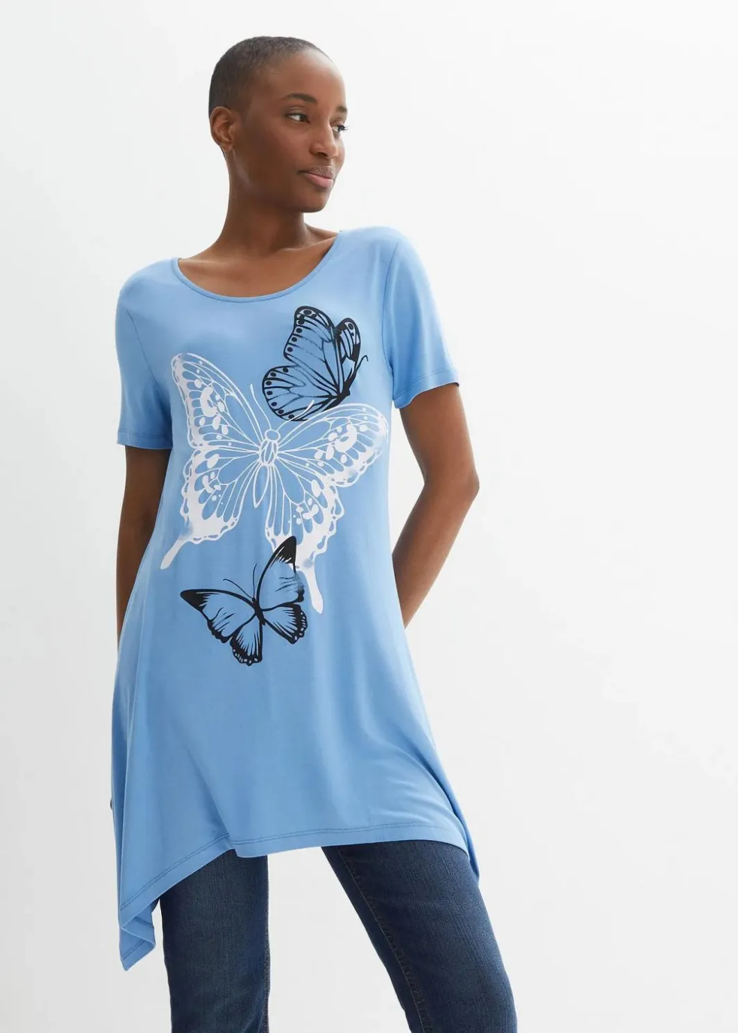 Damen bonprix Shirts & Tops|Longshirt mit Zipfel und Schmetterlingsmuster