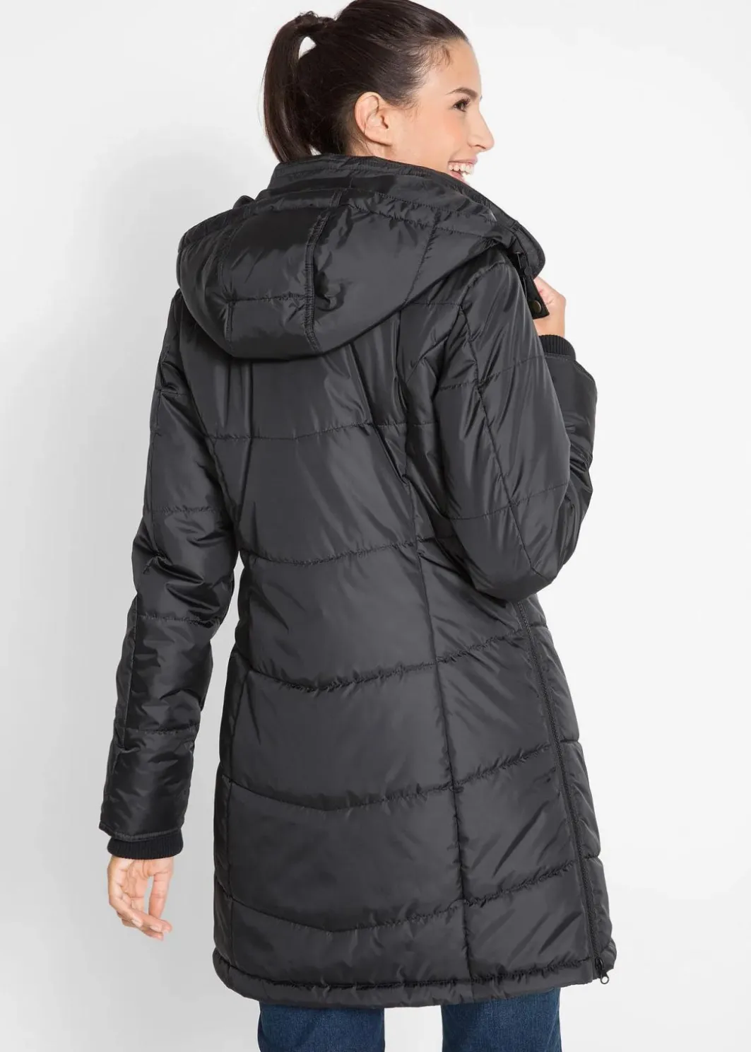 Damen bonprix Bekleidung·Hosen|Jacken & Mäntel|Long-Steppjacke, wattiert mit Kragen und Kapuze